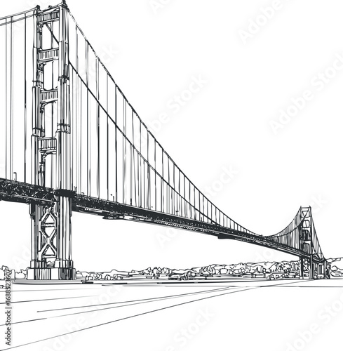 Black and white line drawing of a large suspension bridge spanning across a river with towers and cables