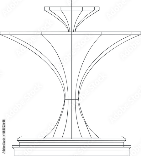 Black and white line drawing of a decorative modern outdoor fountain with curved tiered design