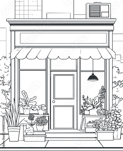 Black and white line drawing of a storefront with various potted plants outside and an awning above the door