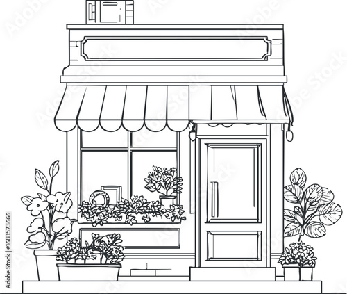 Black and white line drawing of a storefront with an awning, front door, window, and various potted plants and flowers.