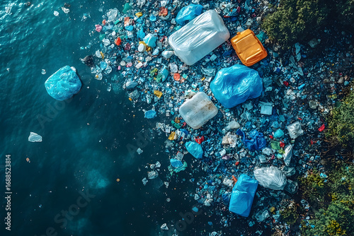 Aerial view of plastic waste polluting ocean waters near green v