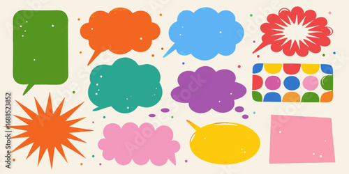 Collection of colorful abstract speech bubbles and shapes on a cream background with scattered dots