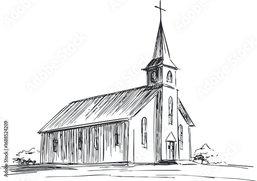 Black and white sketch of a traditional church building with a steeple and cross on top