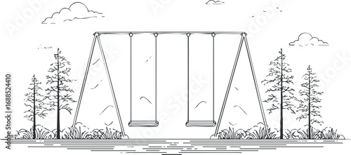 Black and white line drawing of an empty playground swing set outdoors surrounded by trees and grass