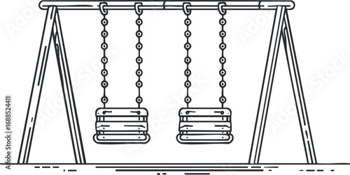Black and white line art illustration of a wooden playground swing set with two hanging seats on chains.