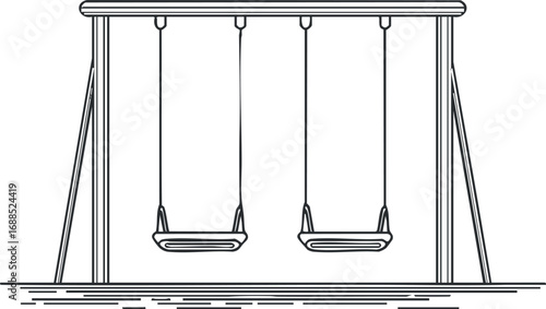 Line art illustration of an empty two-seat swing set on a playground isolated on white background