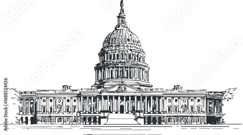 Black and white sketch of a large historic government building with a prominent dome and classical architecture.