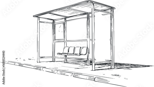 Black and white line drawing of a modern bus stop shelter with bench and roof on sidewalk