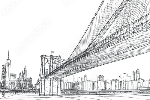 Black and white line drawing of a suspension bridge spanning over a river with a city skyline in the background.