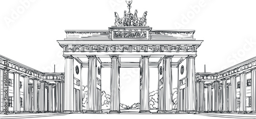 Detailed line drawing of the Brandenburg Gate in Berlin, a historic and iconic city landmark symbolizing German heritage and culture.