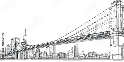 Detailed black and white sketch of a large suspension bridge spanning across a river with a city skyline in the background.