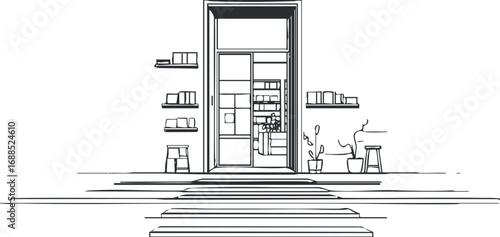 Minimalist line art illustration of a modern entrance with steps, shelves, plants, and stools in black and white.