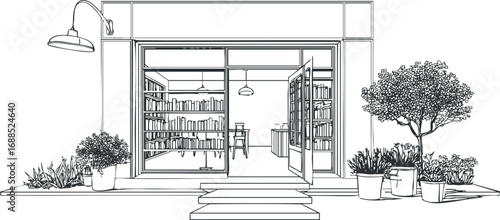 Line art illustration of a modern bookstore entrance with shelves full of books, plants, and open doors.