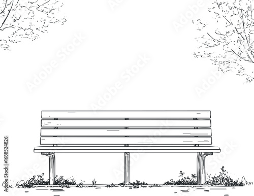 Empty wooden park bench illustration with trees and grass in a peaceful outdoor setting