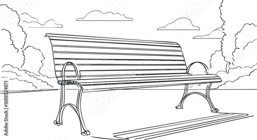 Line drawing of an empty wooden bench with metal legs in a park setting surrounded by trees and clouds.