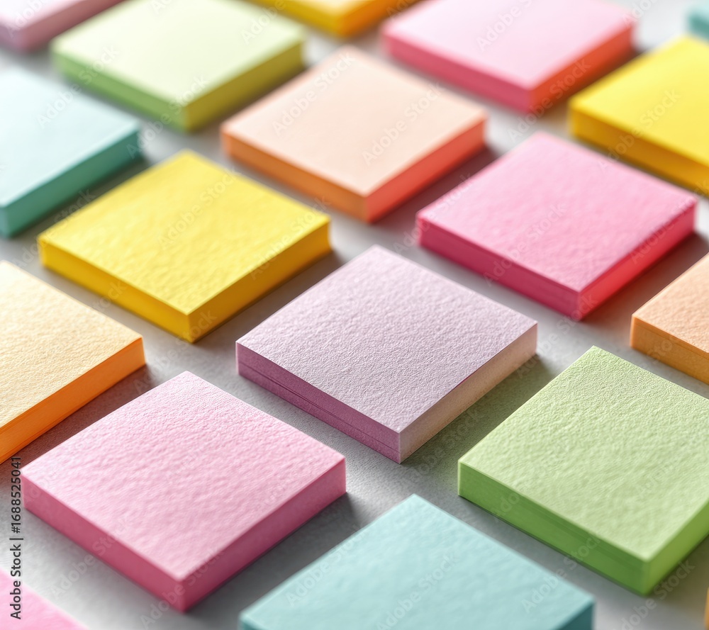 Fototapeta premium A grid of pastel-colored square sticky notes, subtly textured, arranged in an organized pattern on a light gray surface