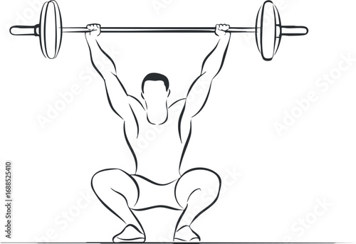 Black and white illustration of a muscular man performing a barbell snatch squat exercise for strength and fitness training