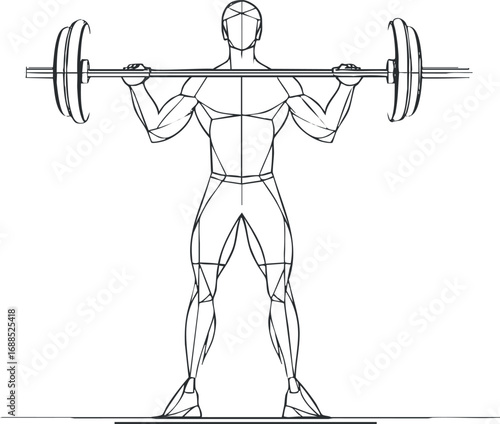 Line art illustration of a muscular man lifting a barbell for weightlifting and strength training