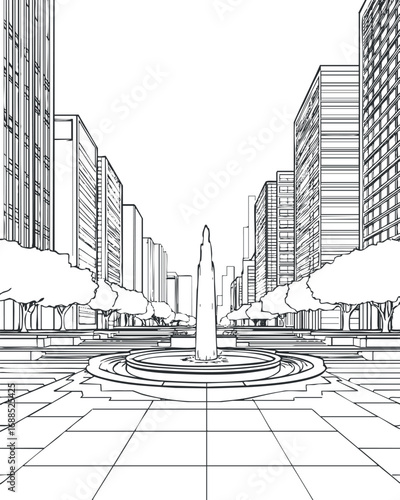 Black and white line art illustration of a city street with tall skyscrapers and a central fountain in perspective view