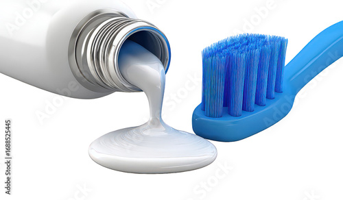 White Toothpaste Pouring onto Blue Toothbrush on Transparent Background