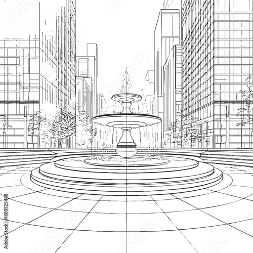 Black and white line art illustration of a city plaza with a central water fountain surrounded by tall buildings
