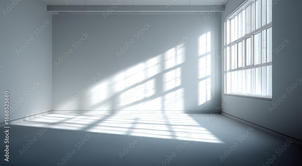 Fototapeta premium Bright, airy, empty white room with sunlight streaming through large paneled window, creating light and shadow patterns on the floor and walls