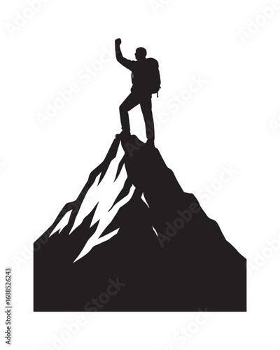 Mountain climber silhouette with raised arm on a peak
