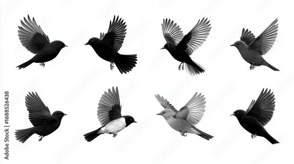 Obraz premium Twelve distinct black bird outlines with varying wing spans and body angles creating a lively visual., isolate on white background