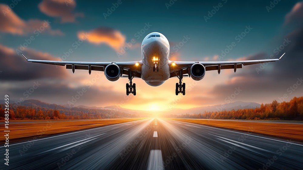 Fototapeta premium Airplane Taking Off at Sunset Overrunway with Soft Clouds and Vibrant Skies in Background