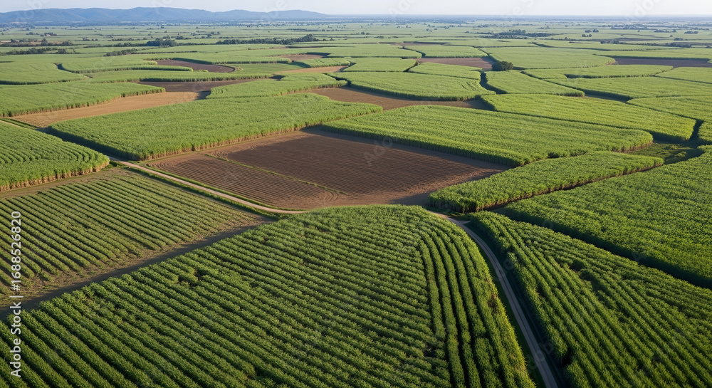 Fototapeta premium Aerial view of a vast agricultural landscape with cultivated fields and patterns, showcasing a rural environment.