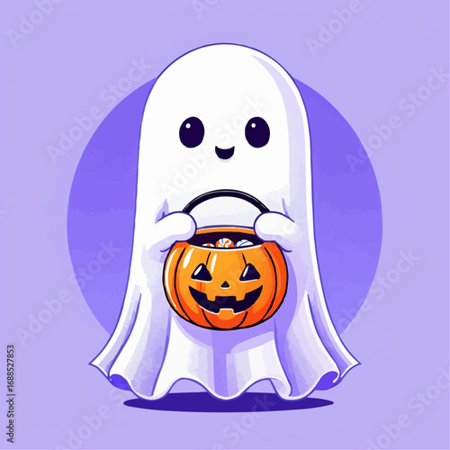 A Ghostly Halloween Treat: An adorable ghost, a spectral figure, cheerfully holds a glowing jack-o'-lantern candy basket in the embrace of Halloween festivities.