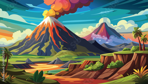 Volcano peaks and blue sky reflect in the clear lake, a breathtaking mountain panorama