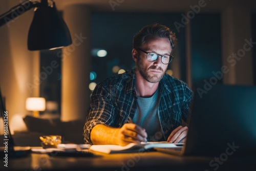 Man working late at home office on a laptop, planning startup finances with notebook and smartphone, cozy modern interior.