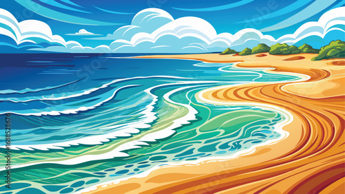 Summer day on a tropical beach with waves reflecting the blue sky