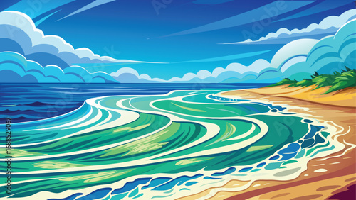 Blue sky and turquoise waves reflect on a beautiful tropical beach with palm trees at sunset