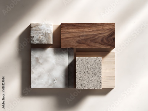 Marble, walnut wood, and sandstone arranged neatly under natural warm light