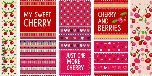 Collection of sweet cherry and berry themed patterns and text graphics