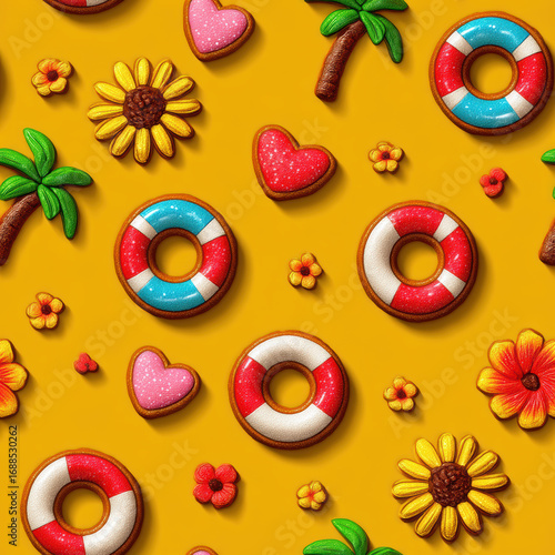 Hyper-realistic animation of a tileable repeating pattern of small 3D icing summer icons, seamless