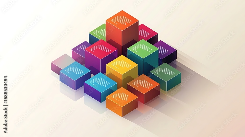 Obraz premium A 3d illustration of a colorful pyramid of cubes featuring blue and green blocks in a square construction design to represent a business connection or building concept