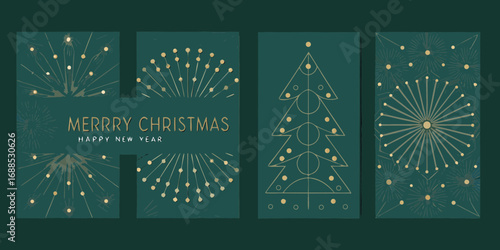 Elegant art deco style merry christmas and happy new year greeting card with geometric tree and festive ornaments