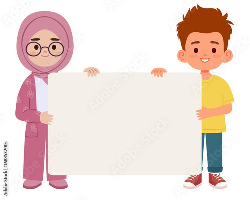 Cute diverse kids including girl in hijab and boy standing together with empty sign for text, isolated on white background. Perfect for school, education, announcements, presentations and creative