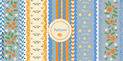 Collection of charming and whimsical decorative seamless patterns with floral and abstract elements