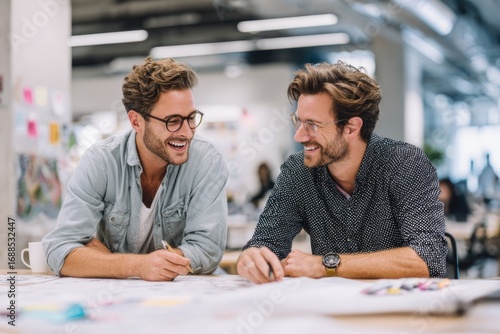 Two co founders reviewing product prototypes on a desk, discussing ideas.