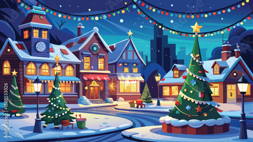 A winter holiday scene with a merry-go-round and a snow-covered Christmas tree, perfect for a festive season celebration card