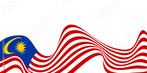 Waving Malaysia flag web banner with red and white stripes, blue canton, crescent and star. Patriotic background for Independence Day, merdeka day, holiday, travel, culture celebration.