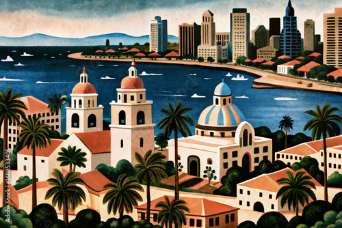 San Diego city, coastal beaches, historic missions, harbor skyline, cultural landmark, famous California destination