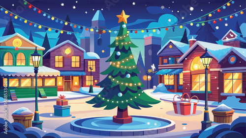 A snowy Christmas night scene of a cozy holiday village with a festive tree and colorful decorations under a cold winter sky