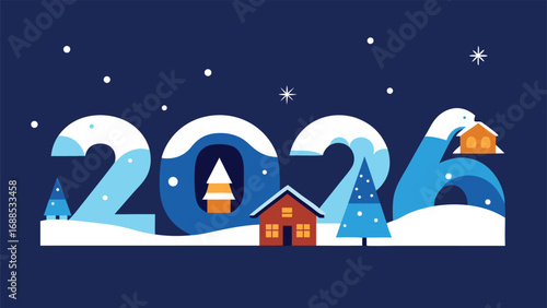 Vector art of a cozy winter village celebration with Santa Claus, Christmas trees, and falling snow at night