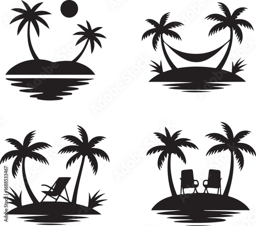 Tropical Island Silhouette Set on Transparent Background for Summer Vacation Theme