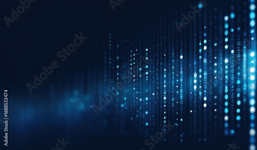 Abstract digital data stream.  Dark background with vertical columns of glowing light blue dots and lines, creating a sense of movement and technology